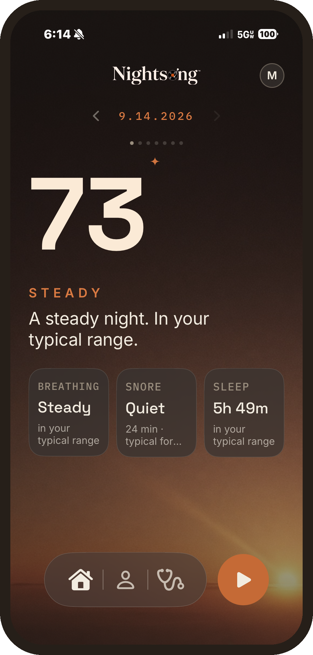 The morning Home screen: a Somnus Index of 73 labeled Steady, a steady night in your typical range.