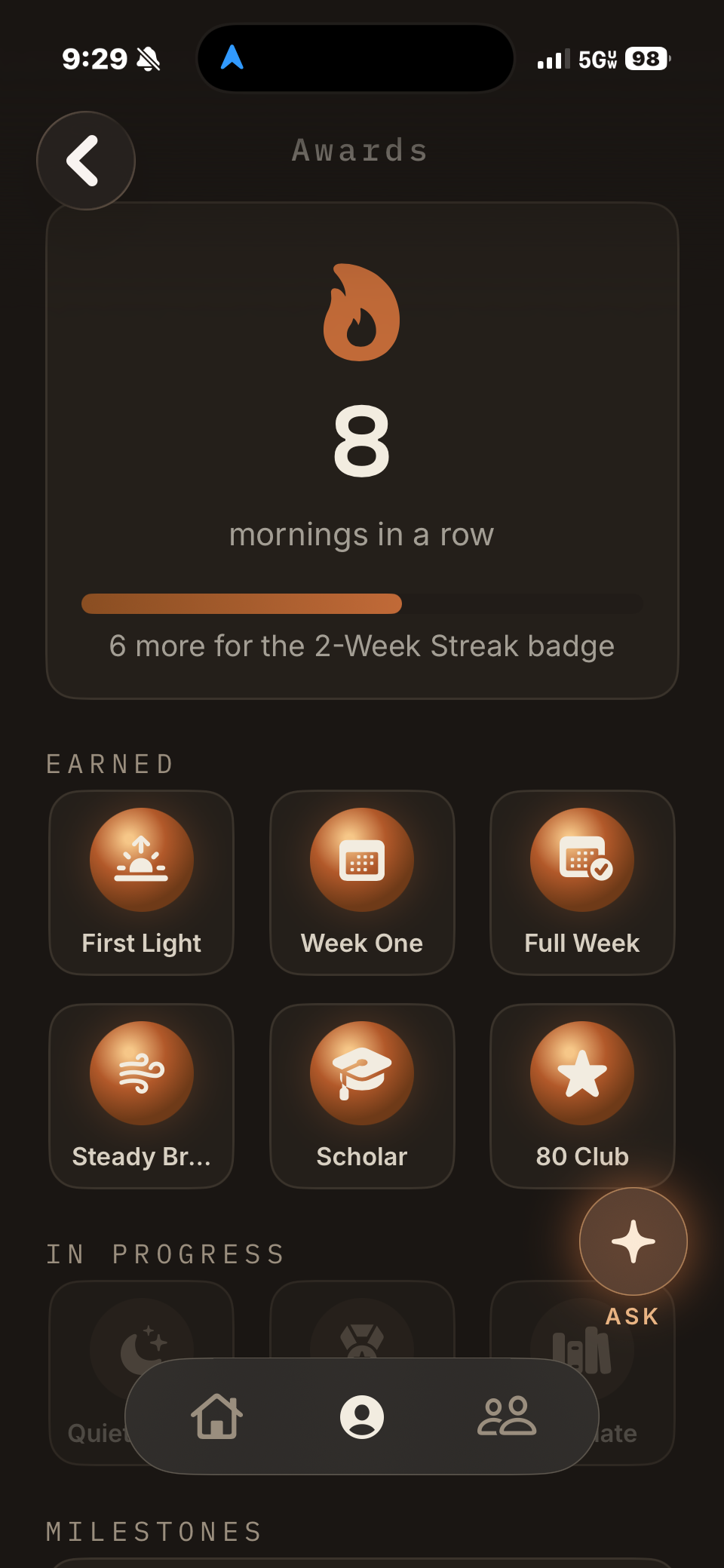 The Nightsong Awards screen: 8 mornings in a row, with earned badges named First Light, Week One, Full Week, Steady Breathing, Scholar and 80 Club.