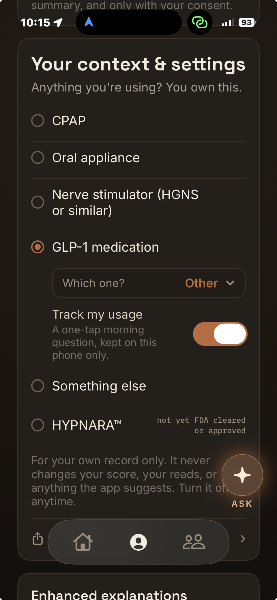 The Nightsong context and settings screen. The heading reads Your context and settings, anything you're using, you own this, above a list of options you can turn on for your own record, each kept on this phone only and never changing your number.