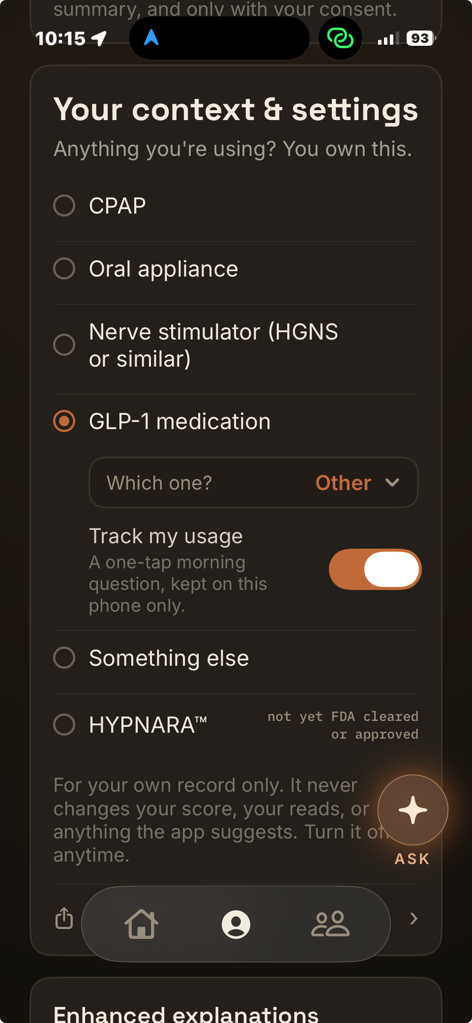 The Nightsong context and settings screen. The heading reads Your context and settings, anything you're using, you own this, above a list of options you can turn on for your own record, each kept on this phone only and never changing your number.