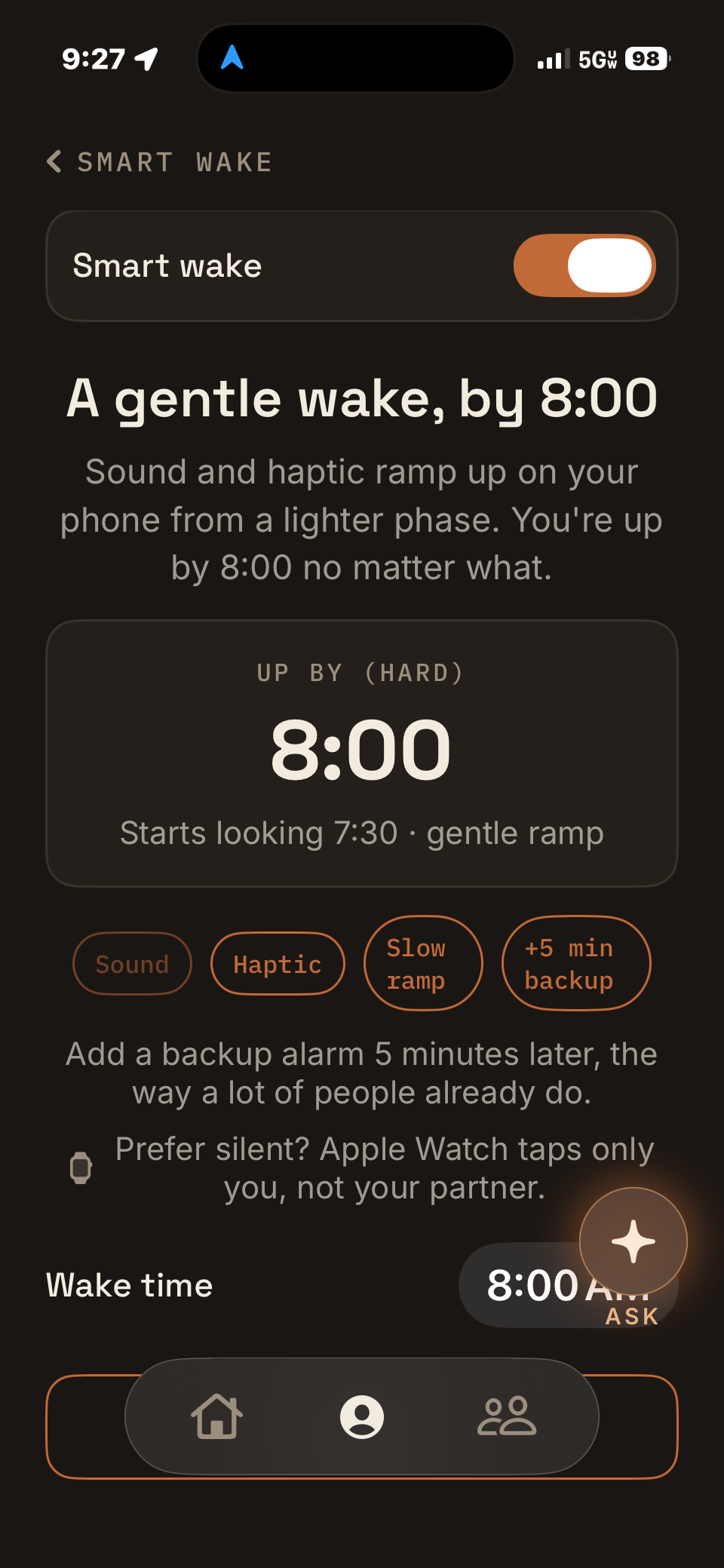 The Nightsong Smart Wake screen: a gentle wake by 8:00, with a sound and haptic ramp, a hard stop at the time you set, and a 5 minute backup alarm.