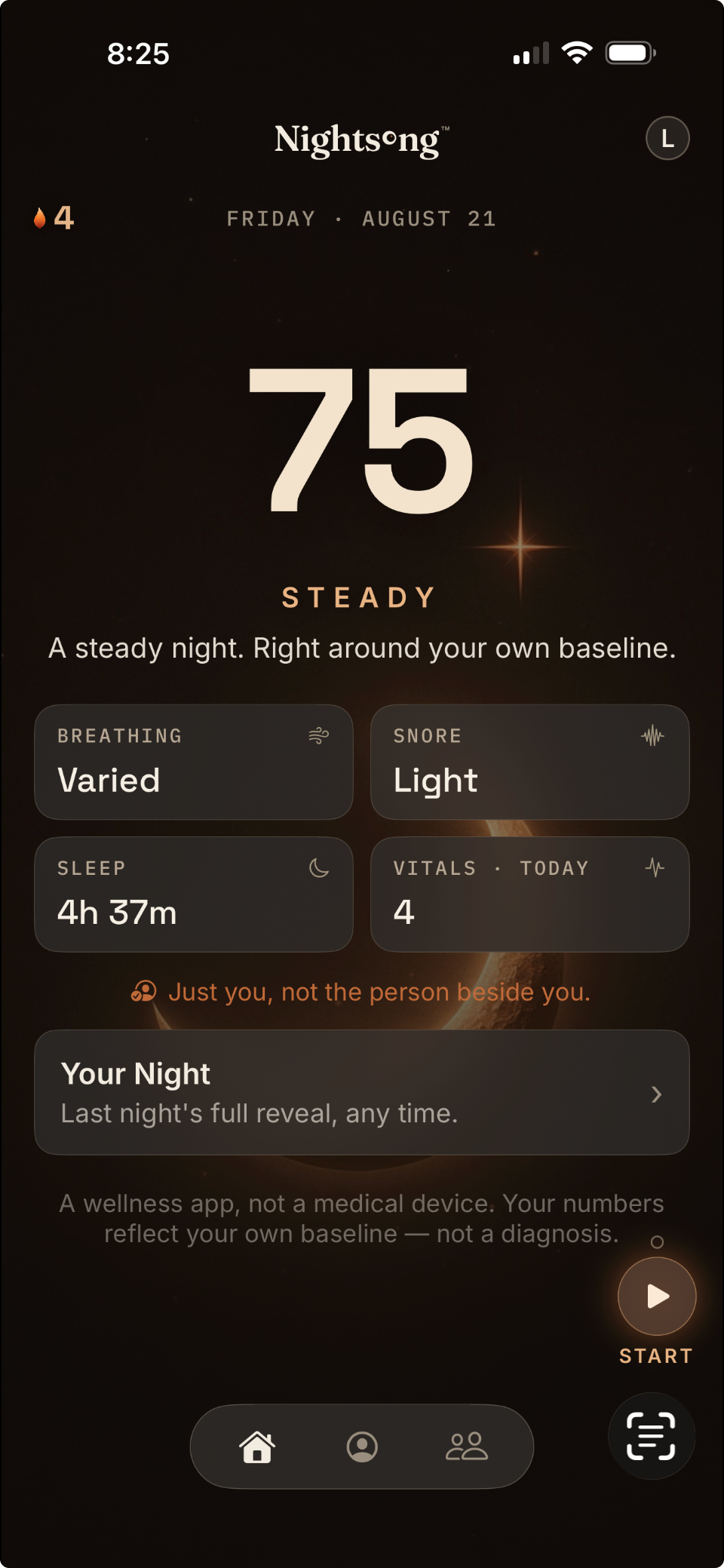 The Nightsong Today screen: a Somnus Index of 75 and the word Steady over a dark espresso sky, above cards reading Breathing Varied, Snore Light, Sleep 4h 37m and Vitals, each read against your own baseline.