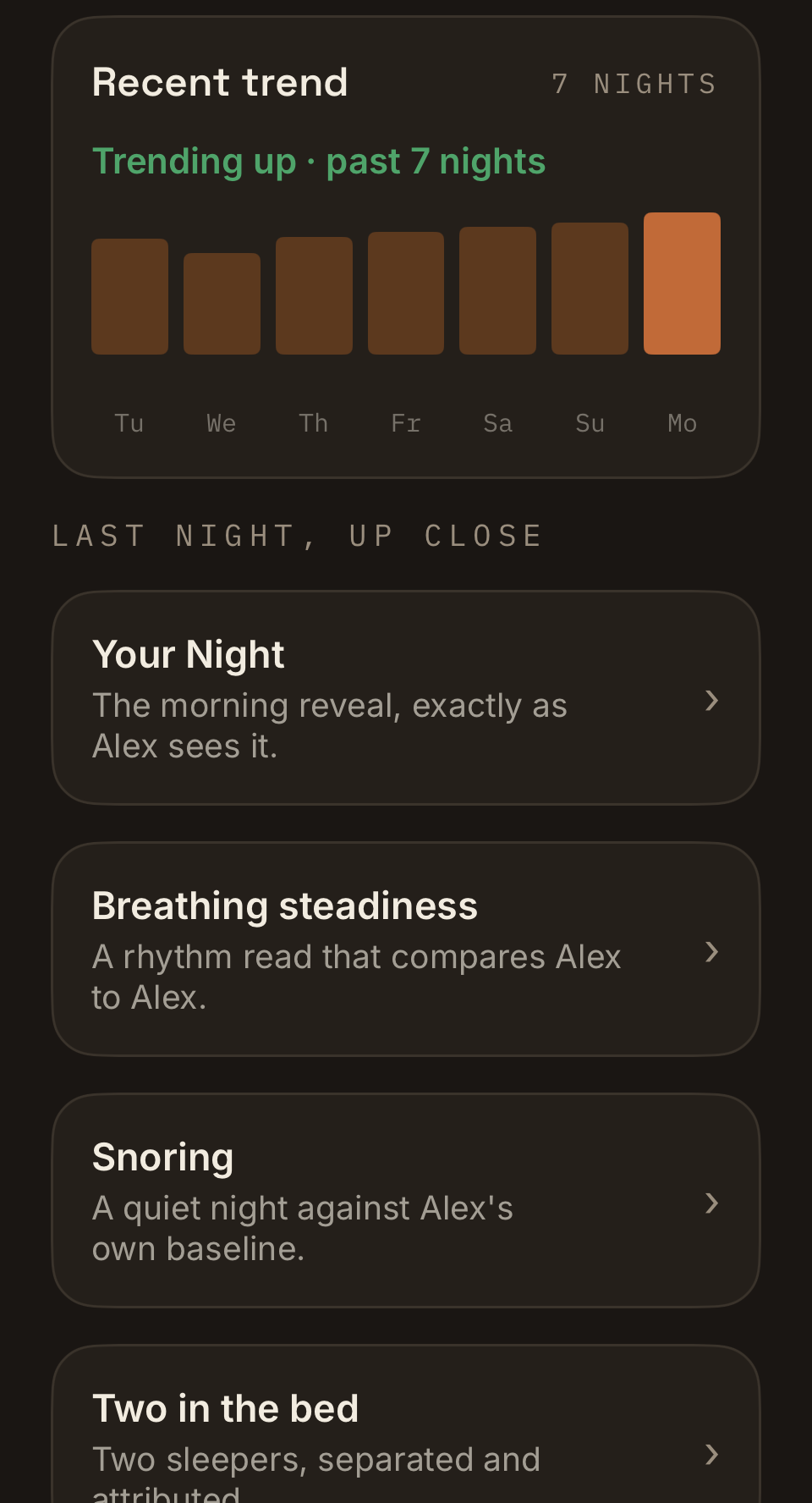 The Nightsong trends screen: seven nights of bars trending gently up, above last-night cards for breathing steadiness and snoring.