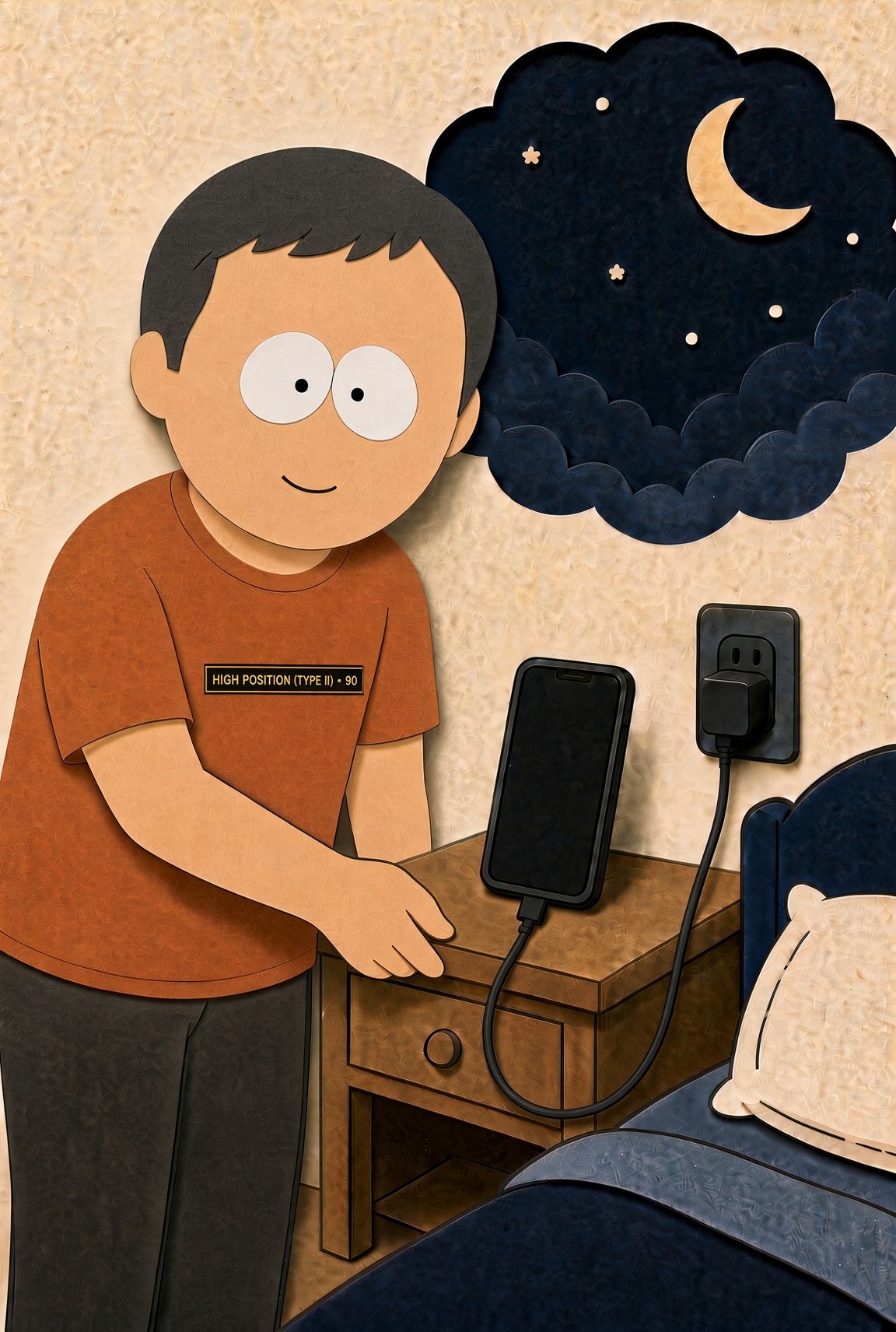 A person setting a charging phone on the nightstand at bedtime.