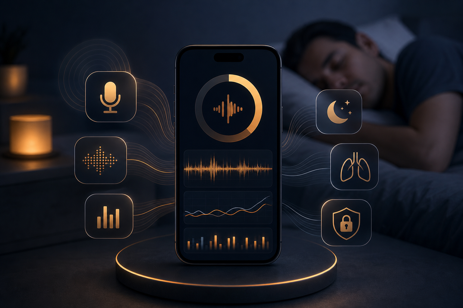 An iPhone face-down on a white nightstand next to a dim lamp, suggesting overnight audio monitoring.