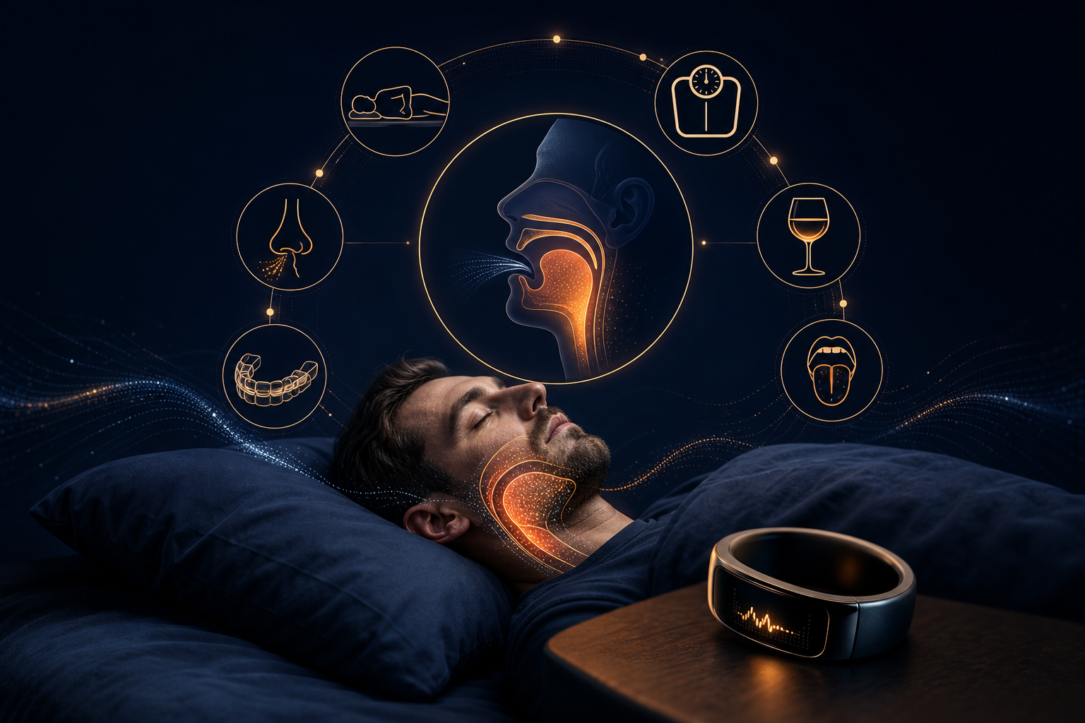 A person asleep on their side in a calm, dimly lit bedroom, warm light near the window, suggesting peaceful nighttime rest.