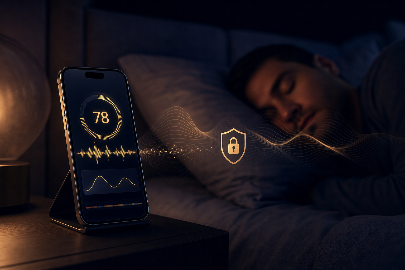 An iPhone on a nightstand in a dim bedroom, set up to monitor overnight audio privately.
