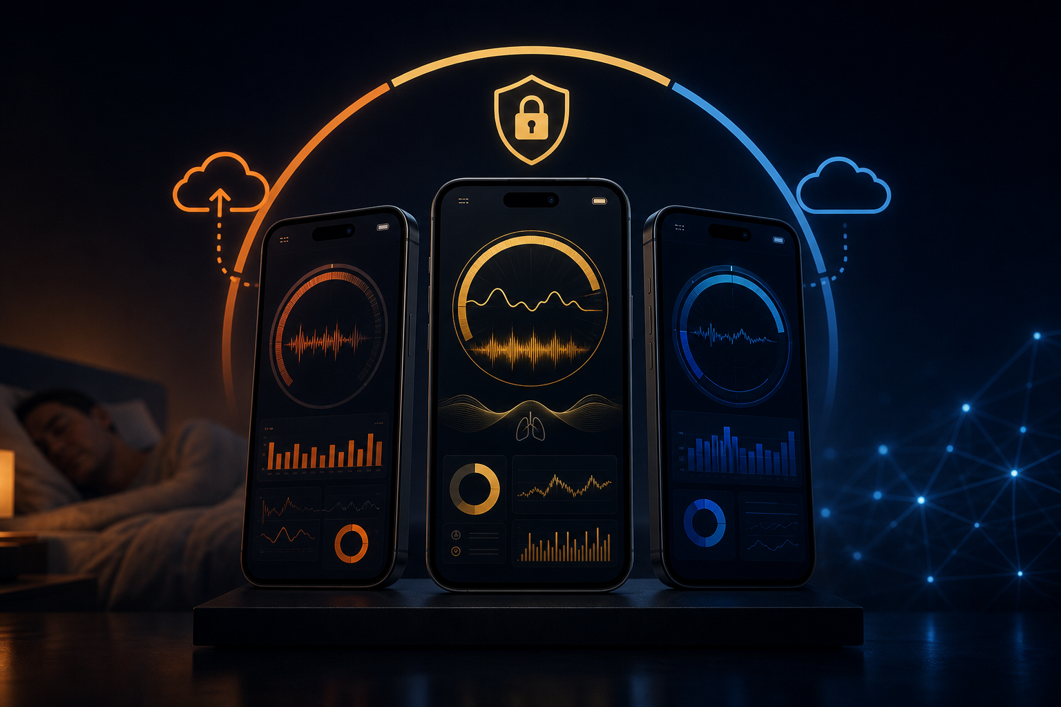 Three smartphone screens side by side on a dark nightstand surface, each showing a different sleep tracking interface, warm ambient light in the background.