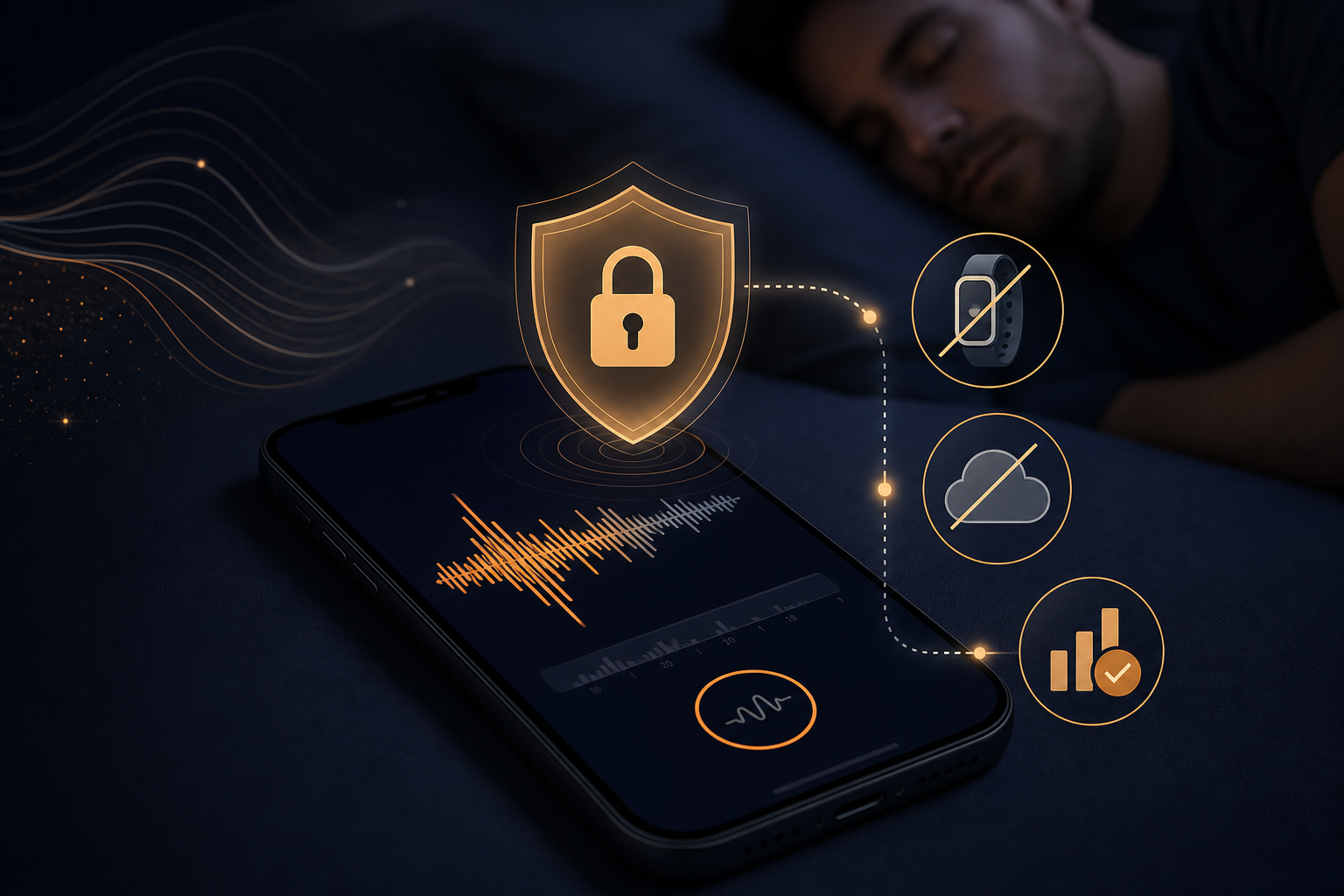 A hand holding an iPhone against a dim, nighttime background, suggesting private, on-device overnight audio monitoring.