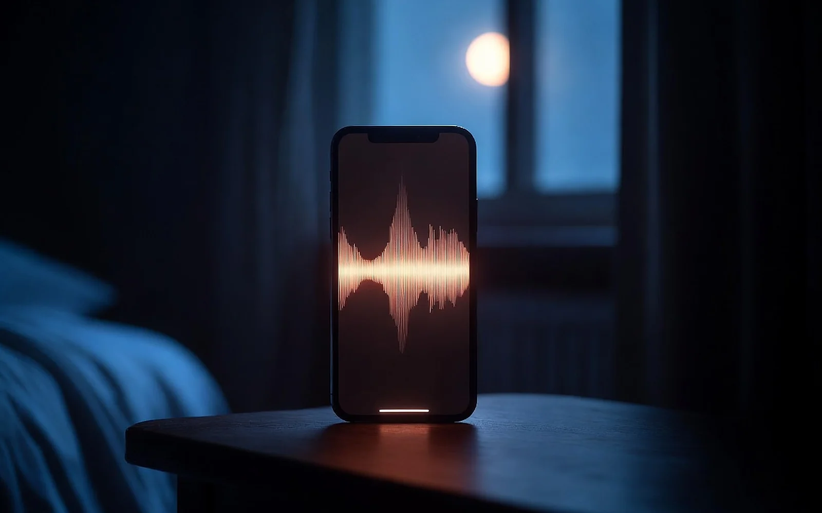 A phone resting face up on a wooden nightstand beside a watch and a notebook, dawn light beginning to warm the wall behind them.