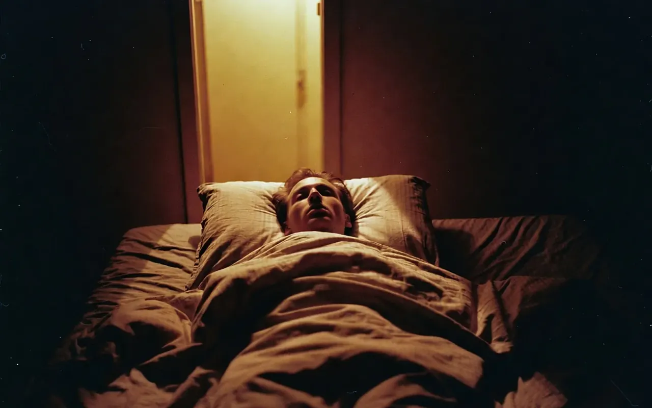 A person asleep on their back in a dim bedroom, head deep in the pillow, warm light spilling from an open doorway.