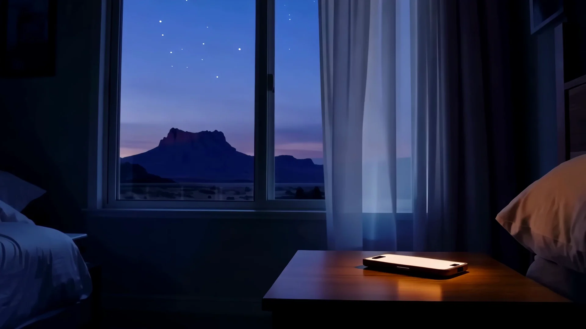 An iPhone glowing softly like a lantern on a wooden nightstand in a dark bedroom